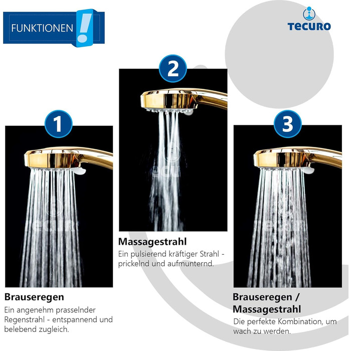 Ручний душ tecuro ew-080 gold - з 3 функціями та насадками проти накипу, позолочений