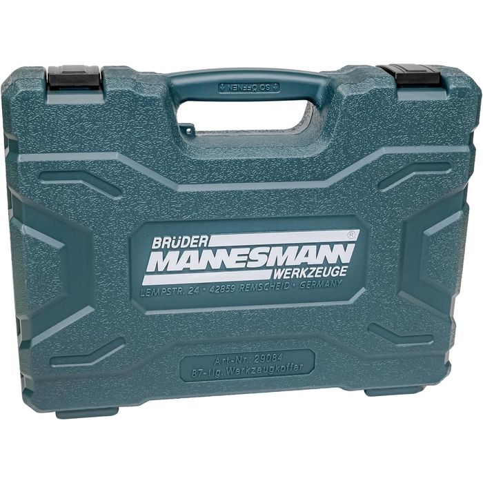 Набір інструментів Brüder Mannesmann 87 предметів у кейсі з Cr-V сталі: викрутки, плоскогубці, молоток, рівень, головки та біти M29084
