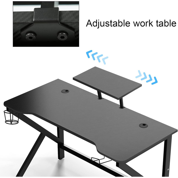 Ігровий стіл 100 x 55 см з карбону, ергономічний, зі шторками для навушників та тримачем для напоїв, чорний