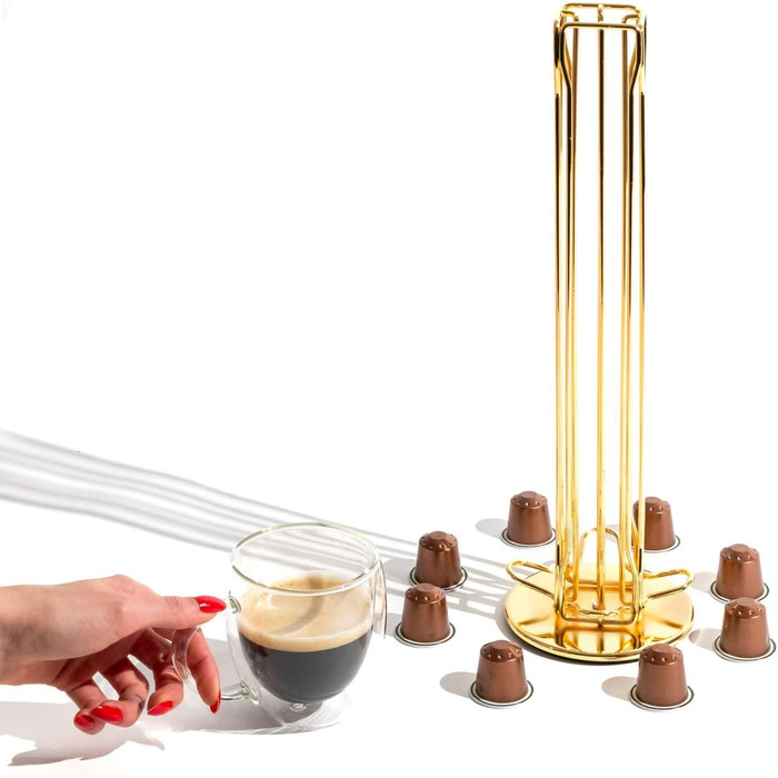 Тримач для капсул кави INTIRILIFE сумісний з Nespresso (40 шт) з заліза, золотий, 11.5 x 37.5 см, поворотний на 360°, для зберігання капсул