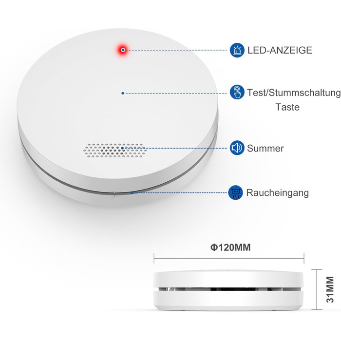 Набір димових сповіщувачів Rauchmelder 5шт. з батареєю на 10 років, плоскої форми, сертифіковані TÜV Rheinland, з функцією вимкнення звуку, 85dB, автономні, чутливі, білі