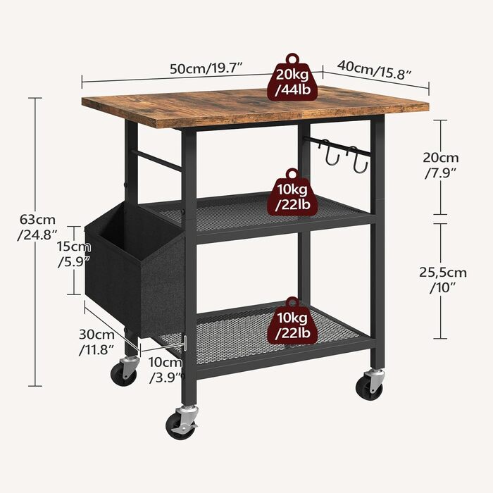 Трирівневий стіл для принтера з ящиком, контейнер на коліщатках, стійка для принтера, полиця для зберігання, в стилі індустріального лофту, з бічною кишенею, дерев'яна полиця, 2 S-гачки, для домашнього офісу, рустикально-коричневий та чорний, APTHR2501, 5