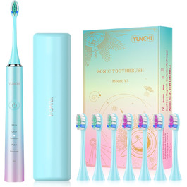 Електрична зубна щітка Yunchi, звукова, для дорослих та дітей - 40000 VPM, USB-C, 5 режимів, інтелектуальна функція, 8 насадок + чохол, блакитна Ycdz-y7