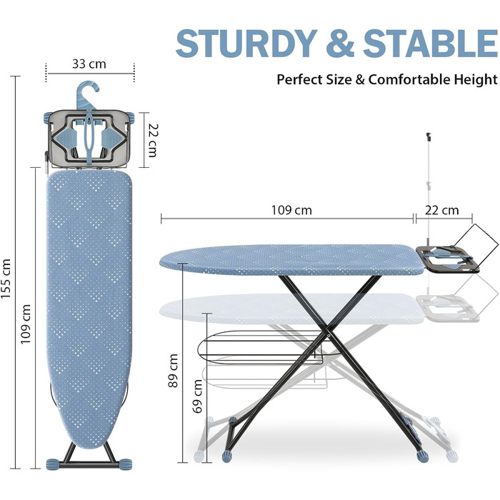 Прасувальна дошка KINGRACK з гачком для зберігання, дуже товста кришка, 7 регульованих по висоті, протиковзкі ніжки, синій