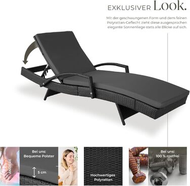 Шезлонг Tectake® з поліротангу, регульована спинка, для саду, балкону та тераси - чорний