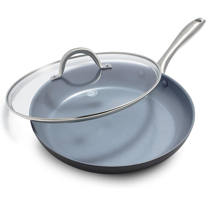 GreenPan Lima сковорода з керамічним антипригарним покриттям з нержавіючої сталі, з кришкою, 12 дюймів (30 см), сіра