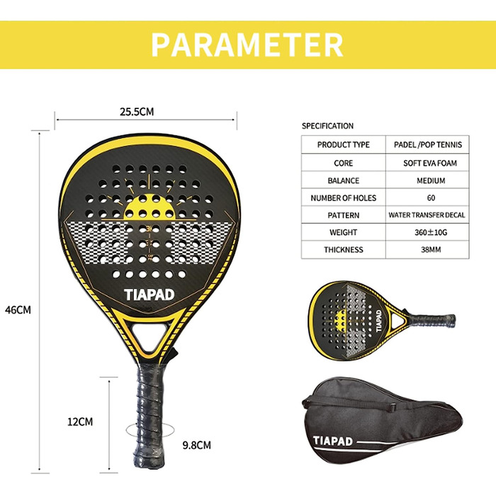 Ракетка для падель-тенісу з вуглецевого волокна 12 карат з гнучким пінопластовим сердечником з ЕВА-пластика з чохлом для перенесення. (Жовтий Чорний)