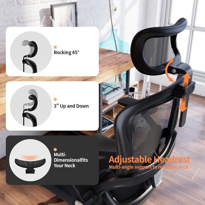 Офісний стіл-крісло Monhey з регулюванням висоти, поворотне з відкидними підлокітниками, дихаюча сітка, регульована підголовник та інтелектуальна підтримка попереку – для дому/офісу, чорний