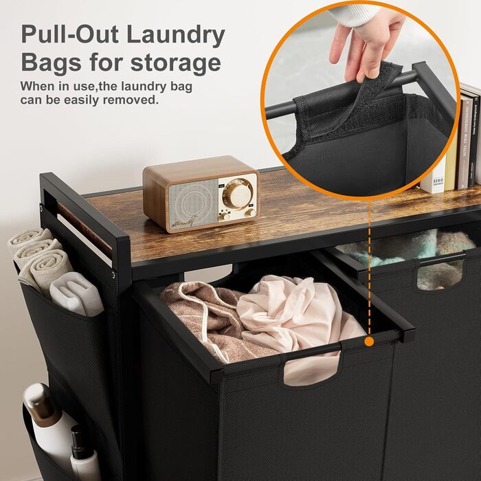 WOWLIVE Подвійний кошик для білизни з кришкою, на коліщатках, з металу, сортувальник для білизни з верхньою полицею та 2 знімними мішками, великий органайзер для одягу, (165л, Чорний)