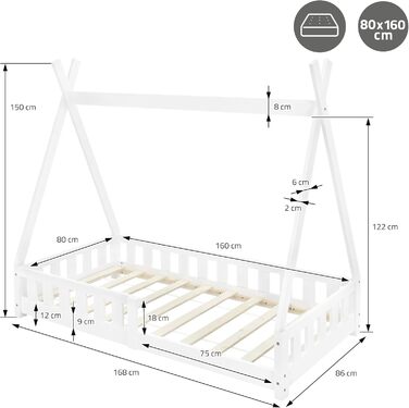 Дерев'яне ліжко-будиночок Tipi ML-Design для дітей 80x160 см з бар'єром та ламелями, з захистом від падіння, з сосни, для дівчаток та хлопчиків, ліжко-намет, індіанське ліжко