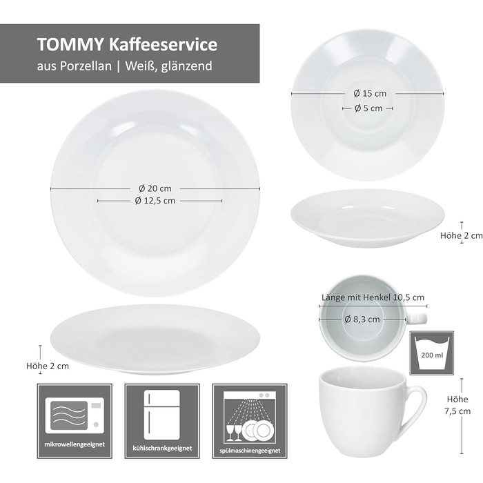 MamboCat Tommy - 18-Piece White Porcelain Coffee Set for 6 People | 6 Cups, Saucers & Plates | Stylish Coffeeware for Breakfast, Coffee, Hotel & Restaurant Use