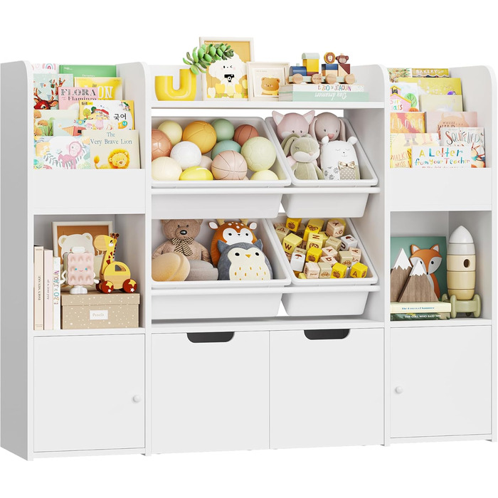 FOREHILL Дитяча полиця для іграшок та книжок, меблі для дитячої кімнати, полиця для дитячої з 2 ящиками на колесах, шафка для дитячих речей з 4 ящиками, 126x30x104 см (Білий/Рожевий)