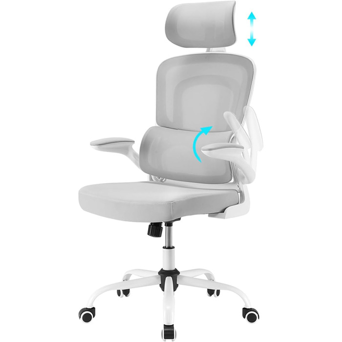 Ергономічне крісло Farini для офісу та дому: регульоване, з підголівником, сіро-біле. Ідеально для роботи за комп'ютером та в home office.