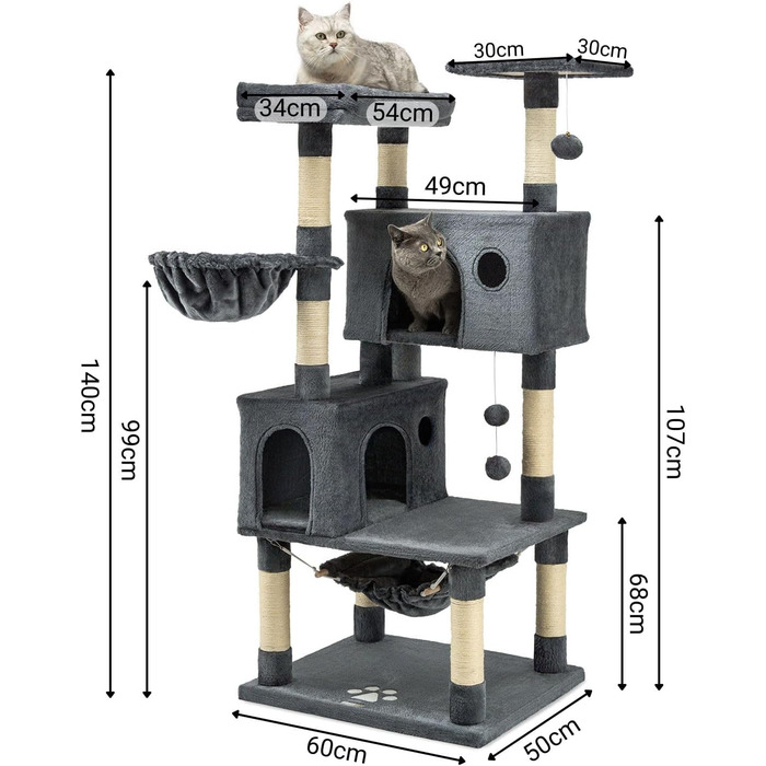 Кігтеточка Lionto для кішок, 140 см, з плюшевими м'ячиками, гамаками, сизалевою мотузкою та печерами (темно-сіра)