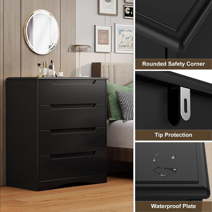 Комод Bealife для спальні: 4 місткі шухляди, витягнуті ручки, захист від перекидання, для вітальні/офісу (чорний)