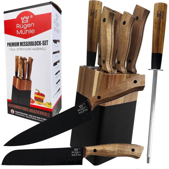 Набір ножів Rügen Mühle Premium Design 7 предметів з акації та нержавіючої сталі, з підставкою (Messerblock)