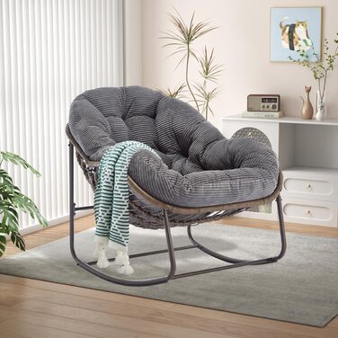 Крісло-гойдалка LIFEISLE з ротангу, для вітальні, балкону, саду, внутрішнє та зовнішнє використання, крісло-яйце, Cord White (тканина Cord, сірий)