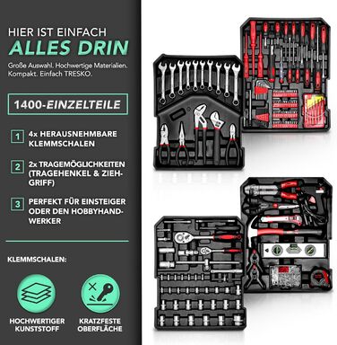 Набір інструментів TRESKO 1400 предметів у валізі: професійний кейс, візок для інструментів з Cr-V сталі (антрацит)