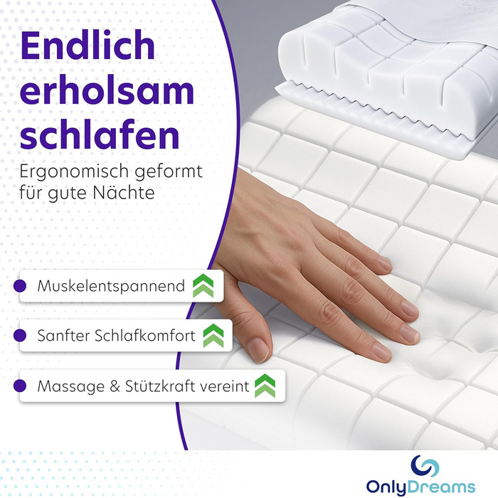 Ортопедична подушка для шиї OnlyDreams з гелевим шаром | Регульована висота + вибір жорсткості | Чохол з алое вера | Підходить для сну на спині, животі та боці - Оeko-TEX® (Memory Foam, 60x32x12/10 см)