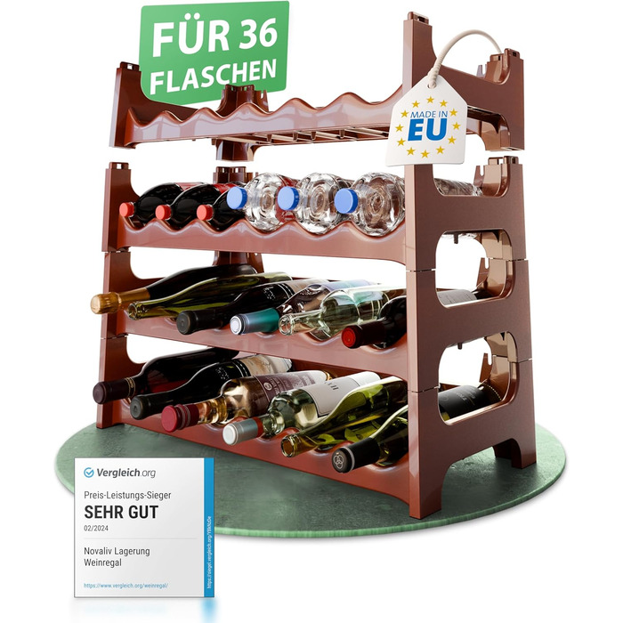 Пластикова полиця для пляшок Novaliv на 36 пляшок, розширювана, коричнева. Полиця для вина, напоїв, спиртних напоїв. Система зберігання пляшок, шафка для пляшок