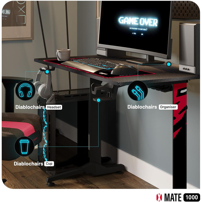 Ігровий стіл Diablo X-Mate 160x75x75 см: ергономічний стіл з карбоновою стільницею, тримачем для навушників та підставкою для напоїв