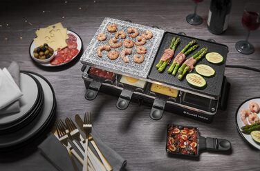 Ракуетниця Russell Hobbs Raclette Grill 8 осіб з 8 сковородами та дерев'яним шпателем, 2 грильні поверхні: з натурального каменю з жолобом для соку та антипригарне поворотне решітка/Teppanyaki, гриль для піци, 26280-56