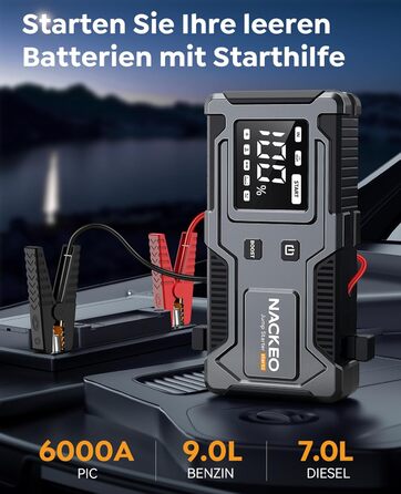 Powerbank Starthilfe 6000A: Зарядний пристрій для автомобіля 12V (до 9L бензин, 7L дизель) з кабелем, LED-лампою та дисплеєм – для SUV, мотоциклів, газонокосарок