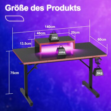 Ігровий стіл Devoko 160x60 см з LED підсвічуванням, з підставкою для монітора, карбоновим покриттям, ергономічний, з тримачем для чашки та гачком для навушників