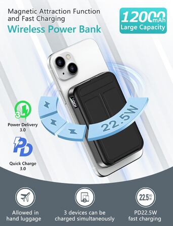 Магнітний павербанк Gxorul 12000mAh, PD 22.5 Вт, USB-C, LED дисплей для iPhone серії Black