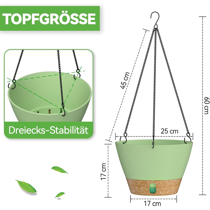 Пластиковий підвісний горщик для квітів ZMTECH 25 см з підставкою (2 шт., зелений)