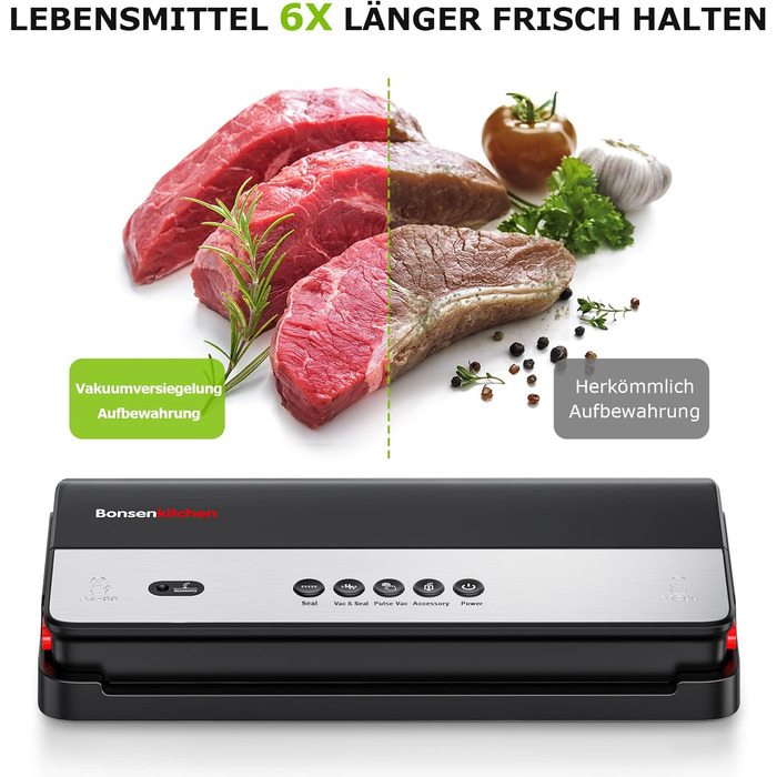 Вакууматор Bonsenkitchen для сухих та вологих продуктів з вбудованим різаком, чорний (в комплекті рулон та 5 пакетів)