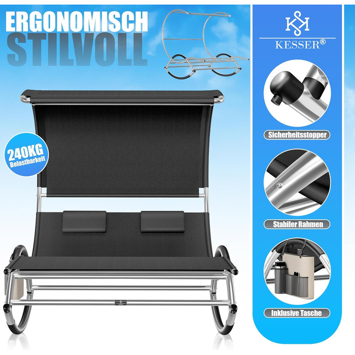 Кесер® Подвійна шезлонг для відпочинку з сонцезахисним дахом, подушкою для голови та кишенею для 2 осіб, чорний