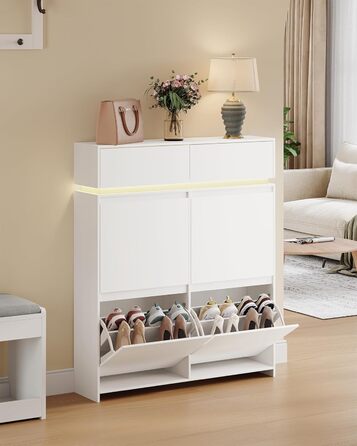 Взуттєва шафа Hzuaneri з 4 стулками, вузька, з LED-підсвічуванням, регульована перегородка, на 20 пар, 100 x 119 x 24 см, для передпокою, біла SR53603XEU