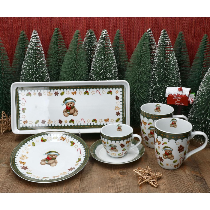 MamboCat Friend - 18-ти частинний чайний сервіс для 6 осіб | Керамічний сервіс з ведмедиком, будиночком з імбирного пряника та іншими новорічними мотивами | Тріо з чашками, блюдцями та тарілками | Ідеальний для святкування Різдва