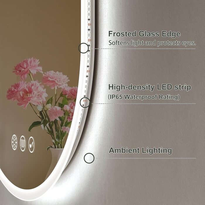 Дзеркало для ванної кімнати S'bagno Runder з підсвічуванням 60 см, антизапар, 3000K/4000K/6500K, регулювання яскравості, HD скло, функція пам'яті, IP44, 60x60 см