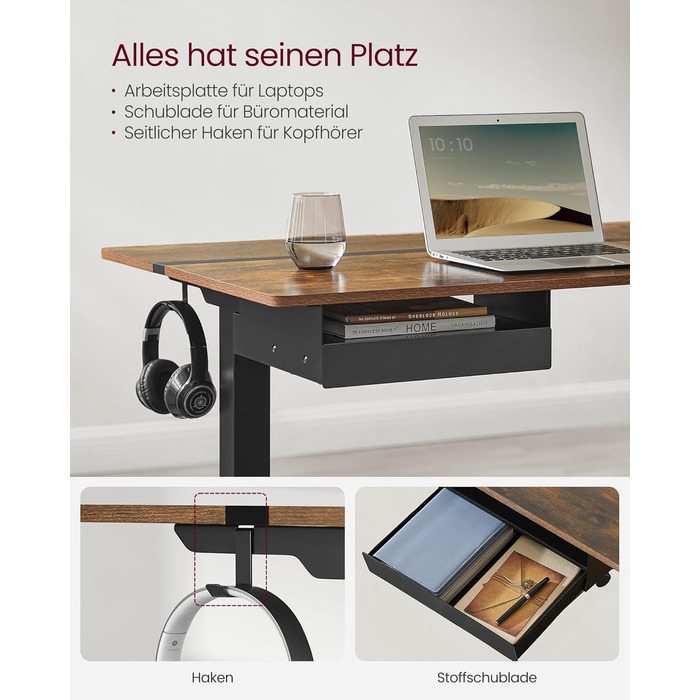 Електричний регульований стіл VASAGLE, 60 x 140 см, з пам'яттю висоти, розетками та ящиком, кольори: білий + горіх, LSD112W01