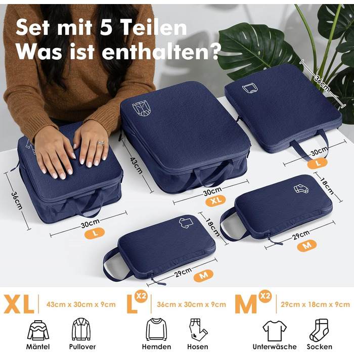 Набір компресійних органайзерів для одягу в дорогу (5 шт), нейлонові дорожні сумки-кубики для валізи та рюкзака, темно-синій