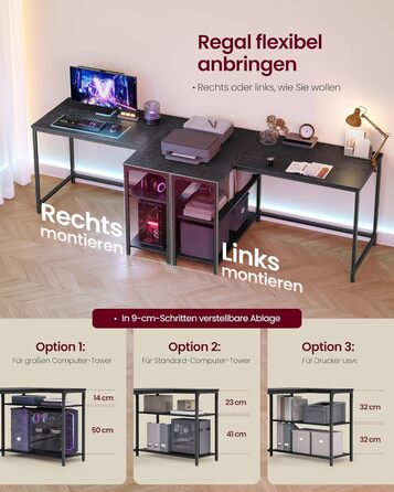 Настільний комп'ютерний стіл VASAGLE L-подібної форми з полицею, для дому та офісу, 110 x 80 см, чорний, без розетки