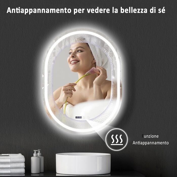 Дзеркало для ванної кімнати YU YUSING з підсвічуванням 80x60 см LED, 3 кольори світла, регулювання яскравості, антизапітніння, сенсорний вимикач, таймер, загартоване скло, IP44, овальне