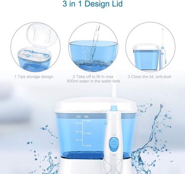 Електричний ірригатор для порожнини рота TUREWELL з 10 рівнями тиску та 8 насадками, IPX7, 600 мл, для дому (відбілювання)