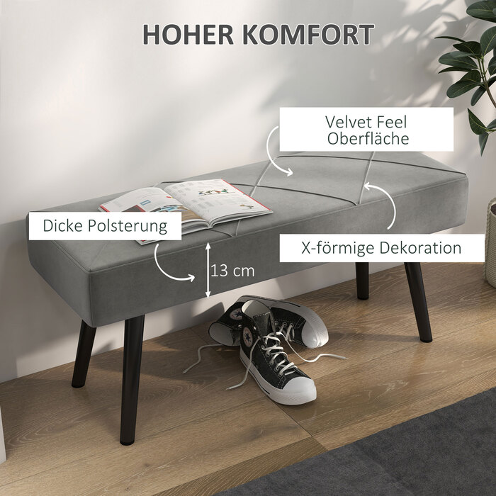 HOMCOM М'яка лавка Velvet Look Ліжко Лавка для передпокою X-Pattern до 120 кг Сіра 100x36x45 см для спальні