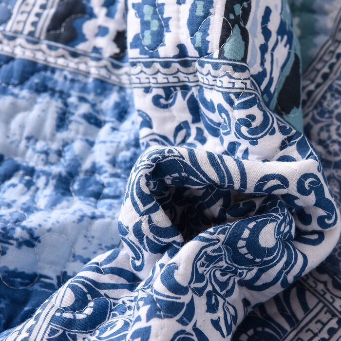 Покривало Qucover в стилі печворк 220x240 см, синє покривало для двоспального ліжка в вінтажному стилі, стьобана літня ковдра з набором подушок, з бавовни та поліестеру, потертий шик (180 х 220 см)