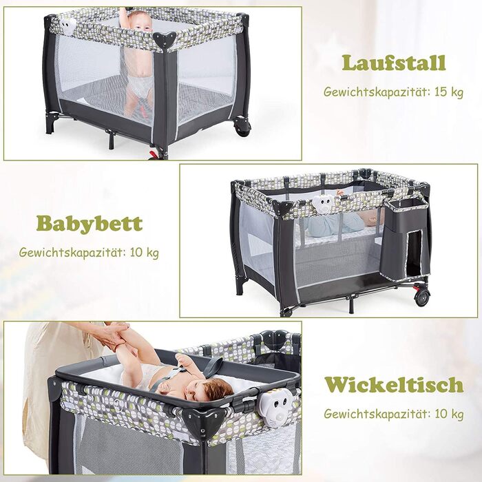 Детское путешествие 102x72 см: складная кроватка-манеж для новорожденных и детей 0-36 месяцев с матрасом, колесиками, москитной сеткой и пеленальным столиком, 3 в 1 (Model 2-gray)