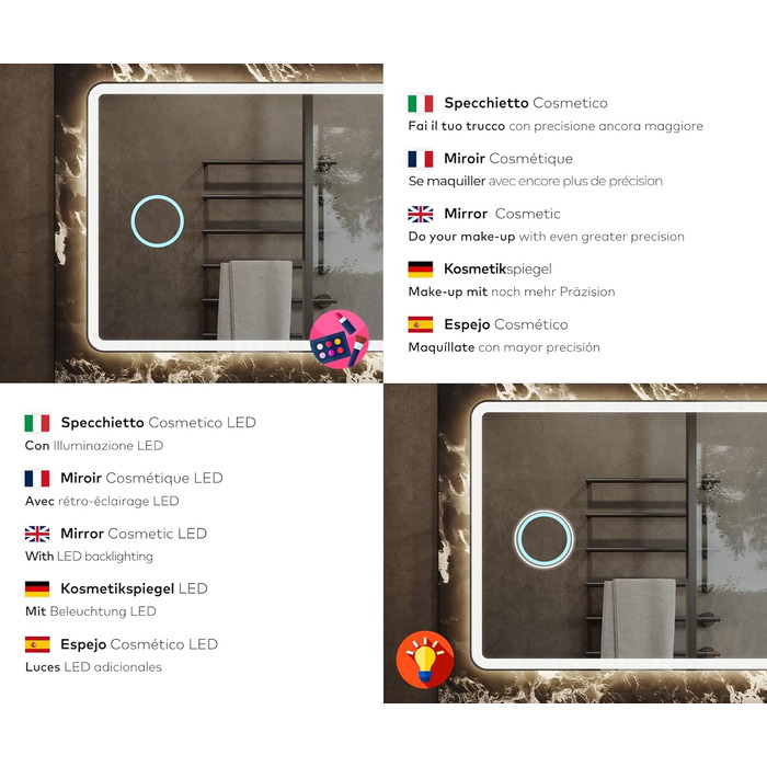 Дзеркало для ванної кімнати з підсвічуванням LED, 120x70 см, без рами, сучасний дизайн, на замовлення, Ambient Line