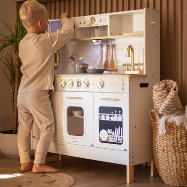 Дерев'яна дитяча кухня Mamabrum з LED-підсвічуванням - ігровий набір кухонь з регульованою висотою, з приготуванням кубиків льоду, мікрохвильовою піччю, плитою та посудомийною машиною. Іграшка для дітей від 3 років