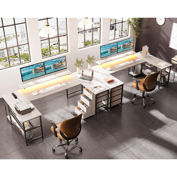 Кутовий стіл ODK з 4 шухлядами, місцем для зберігання, 2 розетками та 2 USB-портами для зарядки, з підсвічуванням LED та підставкою для монітора, 167×102 см, білий