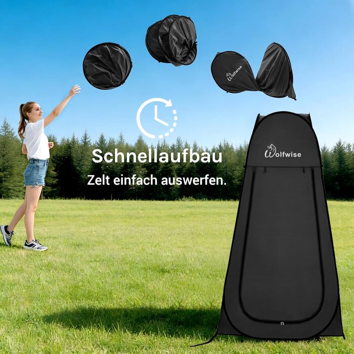 Складаний душовий та роздягальний намет WolfWise для кемпінгу та пляжу, водонепроникний з UV-захистом, 190x100 см, чорний