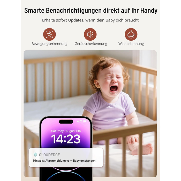 Відеоняня PARIS RHÔNE з 2 камерами, WiFi, 2K UHD, нічник, датчик руху/плачу, контроль температури та вологості, колискові