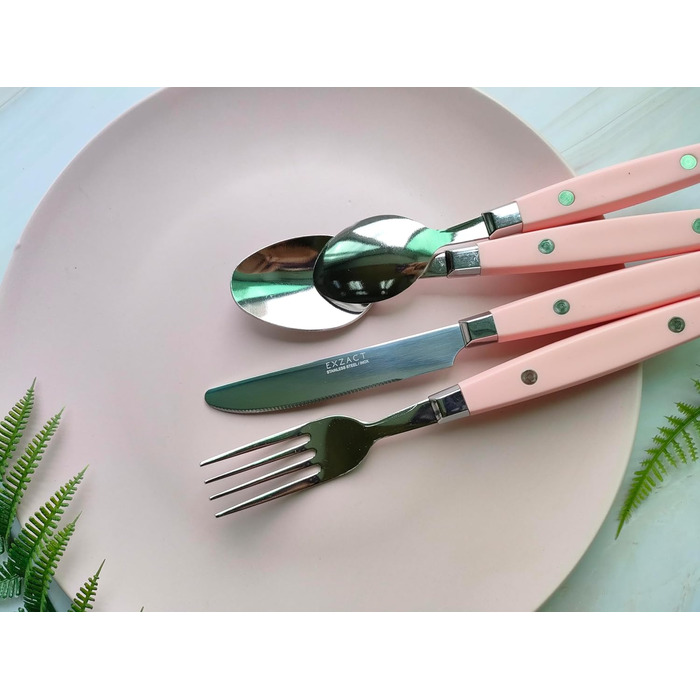 EXZACT Набір столових приборів 24 шт. з нержавіючої сталі, з ручками з заклепками/Столові прибори в ретро-стилі - 6 виделок, 6 ножів, 6 ложок, 6 чайних ложок - Рожевий