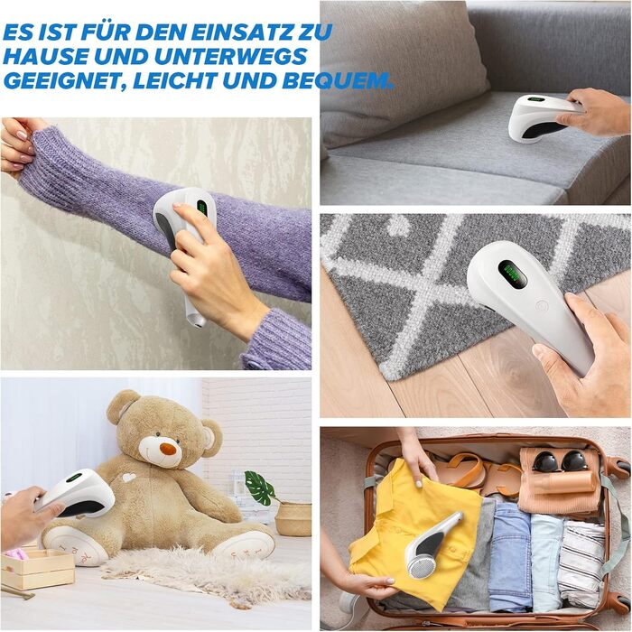 Електричний видальник ворсу з LED-дисплеєм, 6 лез, 2 рівня висоти, 2000 mAh, USB-C, 3 змінні леза, великий контейнер для одягу, диванів, ворсу, ковдр (білий)